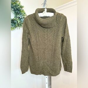 Talbots Cable Knit Split Cowl Neck Sweater Olive Green Brown Marl Cotton Medium